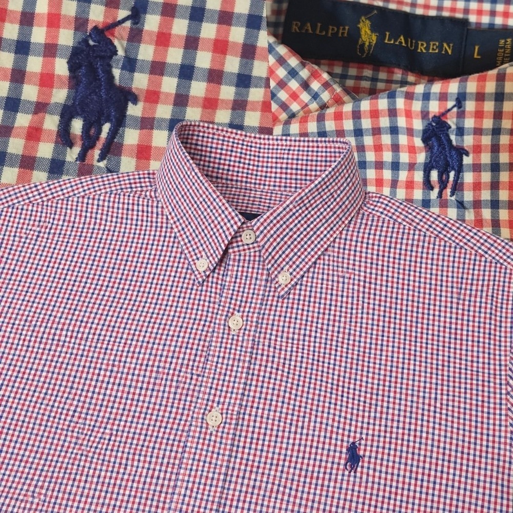 Ralph Lauren Button Down Shirt Men Large Red Gingham Short Sleeve Pony